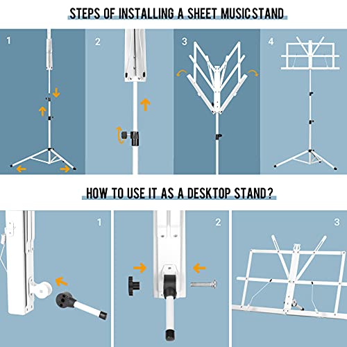 CAHAYA Soporte para Partituras Plegable & Atril de Escritorio para Libros 2-EN-1 Atril para Partituras con Altura Ajustable 70-138cm Incluye Bolsa de Transporte Color Blanco