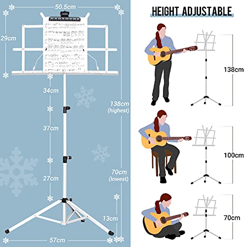 CAHAYA Soporte para Partituras Plegable & Atril de Escritorio para Libros 2-EN-1 Atril para Partituras con Altura Ajustable 70-138cm Incluye Bolsa de Transporte Color Blanco