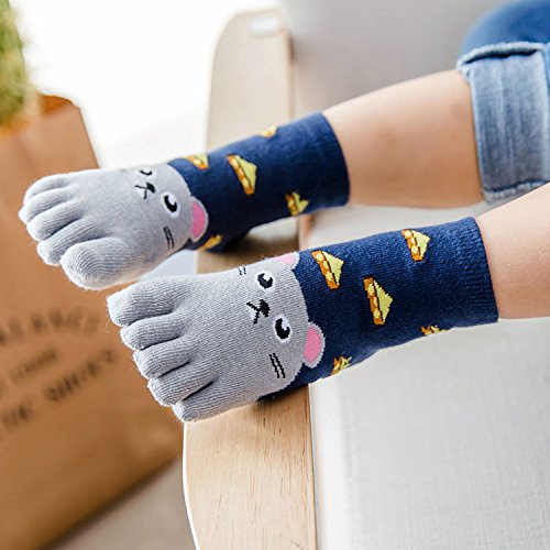 Calcetines Cinco Dedos para Niñas Niños Calcetines de Algodón, Niños Calcetines de Animales Deportes Casual Cómodo, Prevenir el hallux valgus, 7-12 Años, 4 Pares