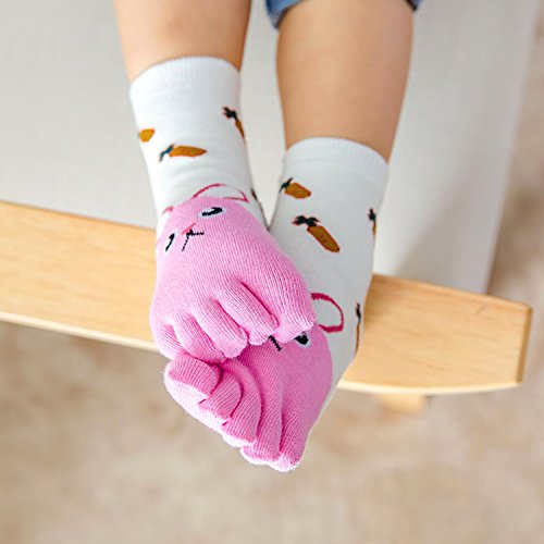 Calcetines Cinco Dedos para Niñas Niños Calcetines de Algodón, Niños Calcetines de Animales Deportes Casual Cómodo, Prevenir el hallux valgus, 7-12 Años, 4 Pares