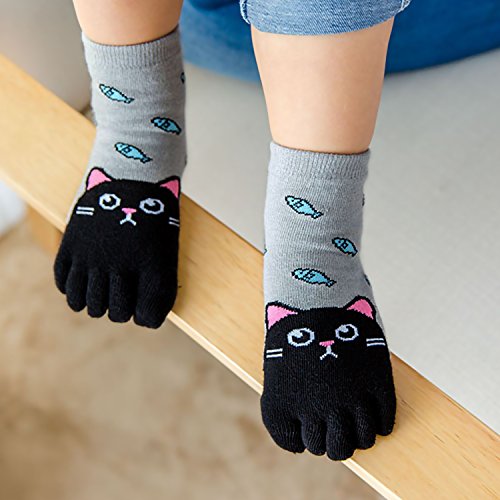 Calcetines Cinco Dedos para Niñas Niños Calcetines de Algodón, Niños Calcetines de Animales Deportes Casual Cómodo, Prevenir el hallux valgus, 7-12 Años, 4 Pares