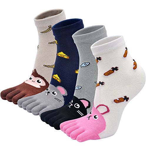 Calcetines Cinco Dedos para Niñas Niños Calcetines de Algodón, Niños Calcetines de Animales Deportes Casual Cómodo, Prevenir el hallux valgus, 7-12 Años, 4 Pares