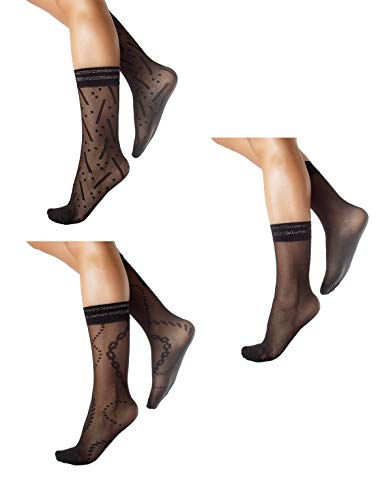 CALZITALY PACK 3 PARES Calcetines Transparentes, Calcetines de Mujer, Calcetines Red, Mini Medias Brillantes, Mini Medias Mujer | Negro | Made in Italy (Talla única, 3 PARES FANTASÍA GEOMÉTRICA)