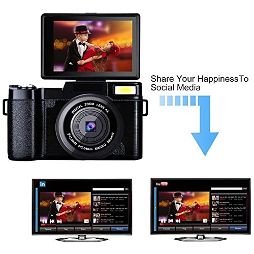 Cámara Digital, cámara Digital de Alta definición de 3 Pulgadas, batería de Larga duración, cámara sin Espejo con Pantalla abatible antivibración + Lente Gran Angular