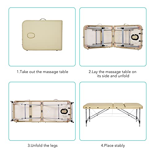 Camilla de masaje, plegable, altura regulable, 3 zonas, patas de aluminio con piel sintética de alta calidad y espuma multicapa beige de alta densidad, 14,5 kg (capacidad de carga de 270 kg)