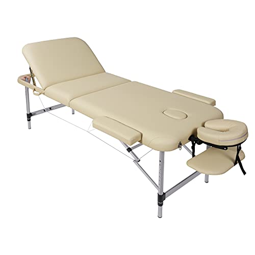 Camilla de masaje, plegable, altura regulable, 3 zonas, patas de aluminio con piel sintética de alta calidad y espuma multicapa beige de alta densidad, 14,5 kg (capacidad de carga de 270 kg)