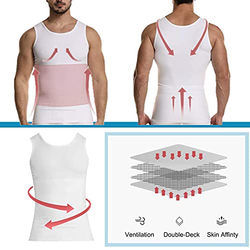 Camiseta Reductora Hombre Compresión, Camisetas Interiores Tirantes, Fajas Moldeadora Adelgazantes - Alta Elasticidad para Comprimir Pecho Abdomen y Cintura (Blanco, L)