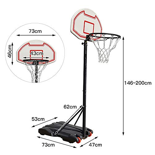 Canasta de Baloncesto para Niños Independiente para Exteriores / Interiores, Canasta de Baloncesto con Soporte Móvil sobre 2 Ruedas, Canasta Portátil de Altura Ajustable de 148 cm a 200 cm