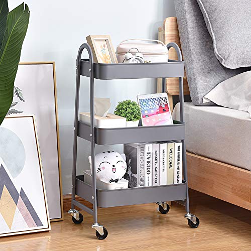 Carrito de almacenamiento Kingrack, carro de almacenamiento, carro de 3 niveles con gran almacenamiento y ruedas de metal para oficina, cocina, dormitorio, baño