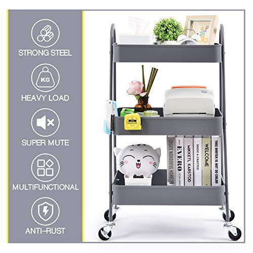 Carrito de almacenamiento Kingrack, carro de almacenamiento, carro de 3 niveles con gran almacenamiento y ruedas de metal para oficina, cocina, dormitorio, baño