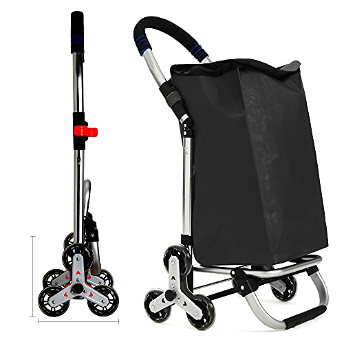 Carro para la compra plegable, sistema de 3 + 3 ruedas, para escalera, fabricado en aleación de aluminio con bolsa de robusto poliéster impermeable, color negro