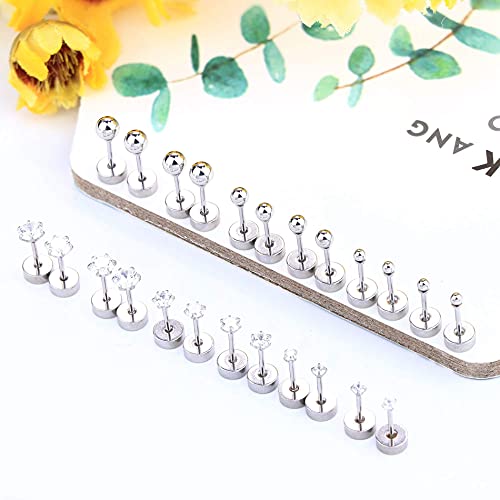 CASSIECA 12 Pares de Pendientes para Mujeres Hombres Acero Inoxidable Barra Pequeña Oreja Piercing Pequeño CZ Redondo Bola Tornillo Plano Cartílago Pendientes Conjunto 2-4 mm