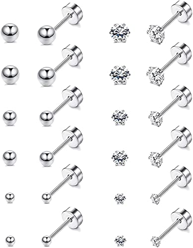 CASSIECA 12 Pares de Pendientes para Mujeres Hombres Acero Inoxidable Barra Pequeña Oreja Piercing Pequeño CZ Redondo Bola Tornillo Plano Cartílago Pendientes Conjunto 2-4 mm