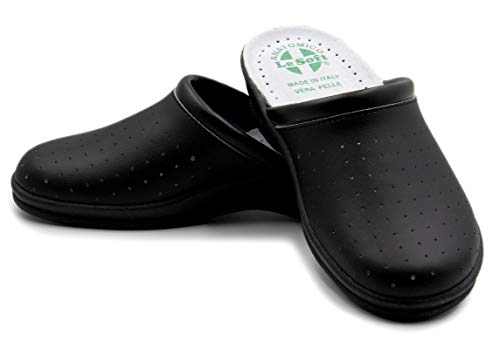 Chanclas sanitarias anatómicas para hombre y mujer, zapatillas ortopédicas cómodas con empeine de auténtica piel perforada, fabricadas en Italia, Negro para mujer., 39 EU