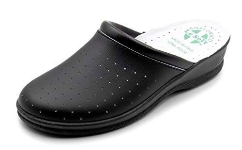 Chanclas sanitarias anatómicas para hombre y mujer, zapatillas ortopédicas cómodas con empeine de auténtica piel perforada, fabricadas en Italia, Negro para mujer., 39 EU