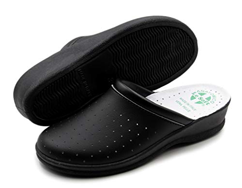 Chanclas sanitarias anatómicas para hombre y mujer, zapatillas ortopédicas cómodas con empeine de auténtica piel perforada, fabricadas en Italia, Negro para mujer., 39 EU