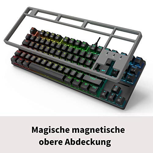 CIY X77 Teclado mecánico compacto RGB Gaming | 87 teclas QWERTZ Disposición RGB programable | Tres alturas ajustables | Cable tipo C | Teclado compatible con intercambio en caliente para Win/Mac.