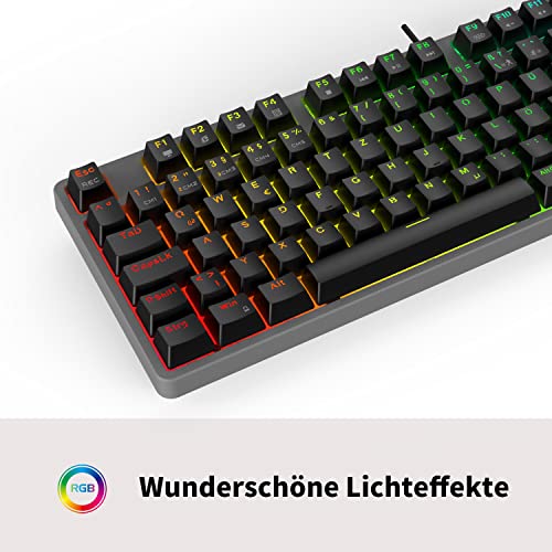 CIY X77 Teclado mecánico compacto RGB Gaming | 87 teclas QWERTZ Disposición RGB programable | Tres alturas ajustables | Cable tipo C | Teclado compatible con intercambio en caliente para Win/Mac.