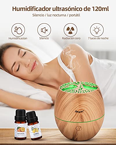 CkeyiN Humidificador Aceites Esenciales，Mini 120ml Difusor con 2 Botellas de Aceite Esencial,Silencio, Lámpara de Siete Colores, Apagado Automático, Hogar, Apto para Personas de Todas Las Edades