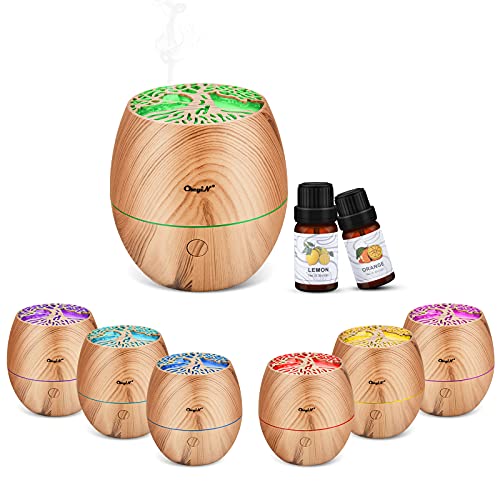 CkeyiN Humidificador Aceites Esenciales，Mini 120ml Difusor con 2 Botellas de Aceite Esencial,Silencio, Lámpara de Siete Colores, Apagado Automático, Hogar, Apto para Personas de Todas Las Edades