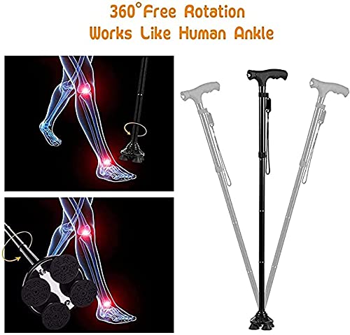 Clever Cane Bastón de Dos Asas con Alarma y luz LED,Poste de Viaje Plegable,bastón cuádruple Antideslizante de 4 Puntas Ajustable en Altura,para Personas Mayores con Artritis discapacitadas