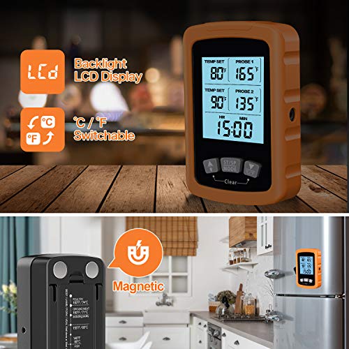 Cocoda Termometro Cocina, Termómetro Digital de Cocina Impermeable con Doble Sonda de 6.4" Largo & Lectura Instantánea, Retroiluminación LCD & Temporizador, Termometro Barbacoa para Horno Carne Comida