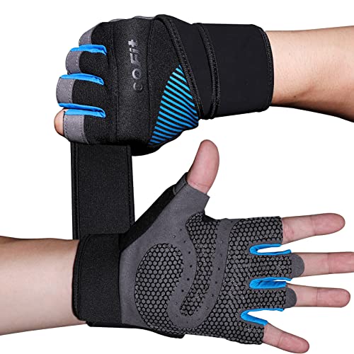 COFIT Guantes de Gimnasio para Mujer y Hombre, Transpirable Guantes de Fitness con Protección Completa de Muñeca y Palma para Levantamiento de Pesas - Azul L