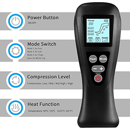 Cohotek Masajeador de Piernas con Calefacción, Compresión de Aire para Piernas con Control Manual 4 modos 4 intensidades Relajación de las Pantorrillas/Pies/Muslos