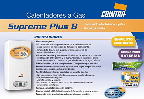 Cointra 1475 -  gama supreme b plus  (atmosférico - batería) con display digital lcd  gama supreme b plus  (atmosférico - batería) con display digital lcd  supreme -11 b plus b    gas  :butano/propano, caudal (litros)  =11,clasificación energética=a