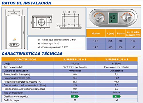 Cointra 1475 -  gama supreme b plus  (atmosférico - batería) con display digital lcd  gama supreme b plus  (atmosférico - batería) con display digital lcd  supreme -11 b plus b    gas  :butano/propano, caudal (litros)  =11,clasificación energética=a