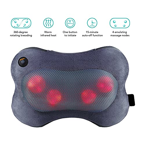 Cojín de masaje Shiatsu con cabezales de masaje giratorios 3D y función de calor por infrarrojos, masaje para cuello, hombros, espalda en la oficina en casa (funda mullida), color gris