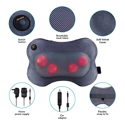 Cojín de masaje Shiatsu con cabezales de masaje giratorios 3D y función de calor por infrarrojos, masaje para cuello, hombros, espalda en la oficina en casa (funda mullida), color gris