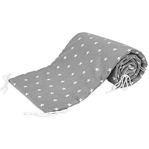 Cojin protector cuna 180 x 30 cm - chichonera bebe cuna Gris con estrellas blancas