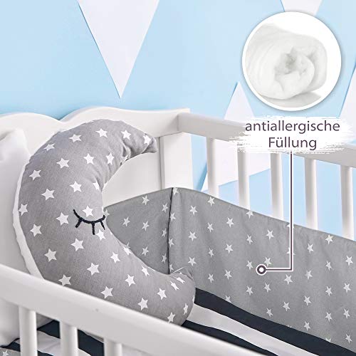 Cojin protector cuna 180 x 30 cm - chichonera bebe cuna Gris con estrellas blancas