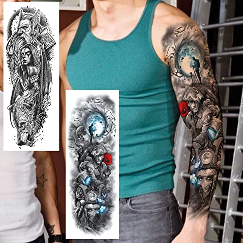 COKTAK 11 Hojas Full Brazo Completo Tatuajes Temporales Adultos Mujer Manga Cuerpo Guerrero Grandes Falso Tatuaje Temporal Pegatinas Negro Tribales Lobo León Tigre Tótem Tatuaje Hombre Pierna Animales