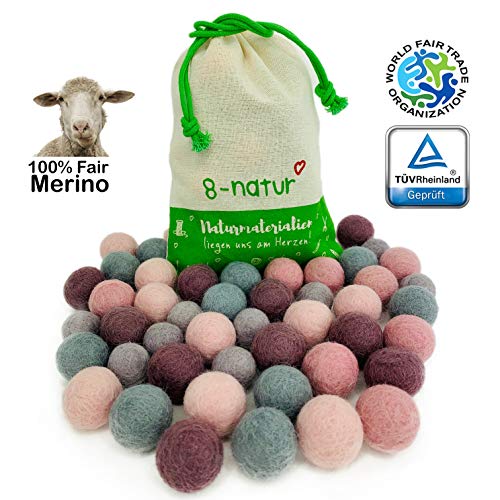 Colección llena de color de 50 bolas de fieltro "Jubilación Mix" de 2,2 cm de grosor, hechas de pura lana merino para elaborar guirnaldas, móviles y macetas, o solo para decoración.