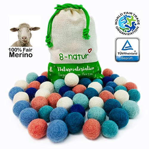 Colección llena de color de 50 bolas de fieltro "Océano Mix" de 2,2 cm de grosor, hechas de pura lana merino para elaborar guirnaldas, móviles y macetas, o solo para decoración.