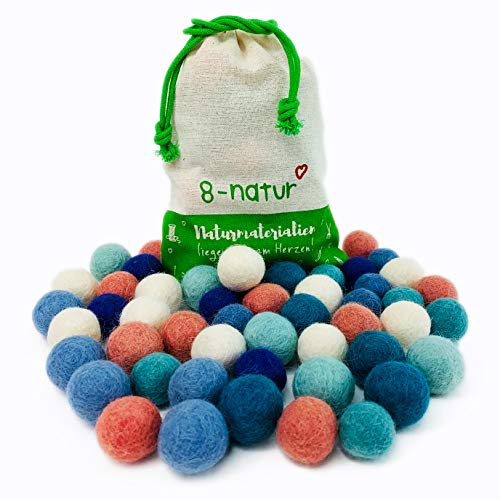 Colección llena de color de 50 bolas de fieltro "Océano Mix" de 2,2 cm de grosor, hechas de pura lana merino para elaborar guirnaldas, móviles y macetas, o solo para decoración.