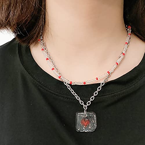 Collar, Collar de Mujer, Cuadrado, pedante, corazón, apilamiento, geométrico, pedante, Collar, Cadena de clavícula, Cadena de eslabones de Metales, Gargantilla, Collar (Plata)