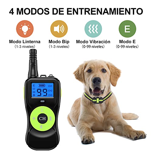 Collar de Adiestramiento para Perros, IPX7 Collar Recargable a Prueba de Agua para Perros Pequeños Medianos Grandes, 4 Modos de Entrenamiento y Rango Remoto de 800 Metros