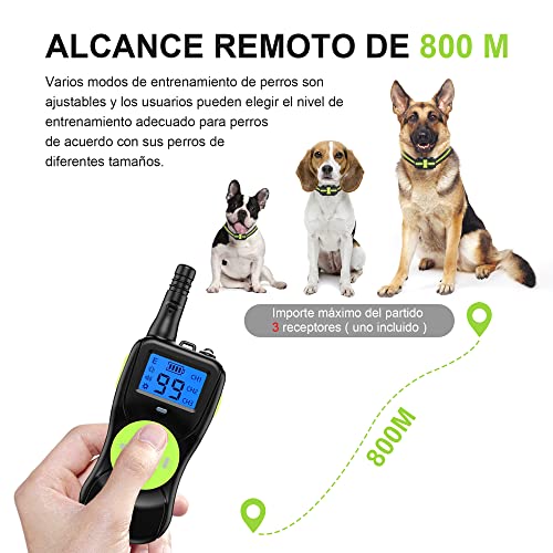 Collar de Adiestramiento para Perros, IPX7 Collar Recargable a Prueba de Agua para Perros Pequeños Medianos Grandes, 4 Modos de Entrenamiento y Rango Remoto de 800 Metros