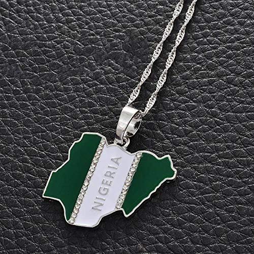 Collar De Mapa,Ein Weltkarte Halskette,Map Necklace,Classic Nigeria Flag Letter Steric Zirconia Silver Map Pendant Necklace Unique Ethnic Charm 50Cm Chain Jewelry For Women Man Travel Commemorate Gi