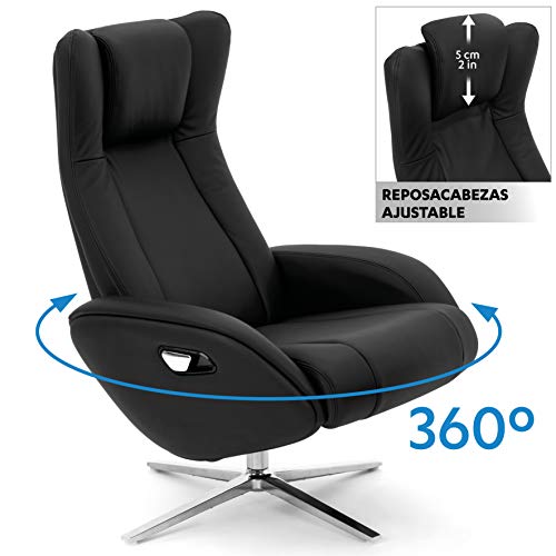 COMIFORT Sillon Relax de Piel con Reposapies Incluido. Modelo Parakeet. Ergonomico con Soporte Lumbar, Funcion Giratoria 360º, reclinable con Autoretorno y Reposacabezas Ajustable, Color Negro