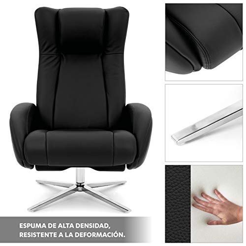 COMIFORT Sillon Relax de Piel con Reposapies Incluido. Modelo Parakeet. Ergonomico con Soporte Lumbar, Funcion Giratoria 360º, reclinable con Autoretorno y Reposacabezas Ajustable, Color Negro