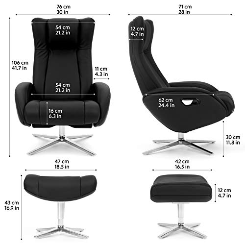 COMIFORT Sillon Relax de Piel con Reposapies Incluido. Modelo Parakeet. Ergonomico con Soporte Lumbar, Funcion Giratoria 360º, reclinable con Autoretorno y Reposacabezas Ajustable, Color Negro