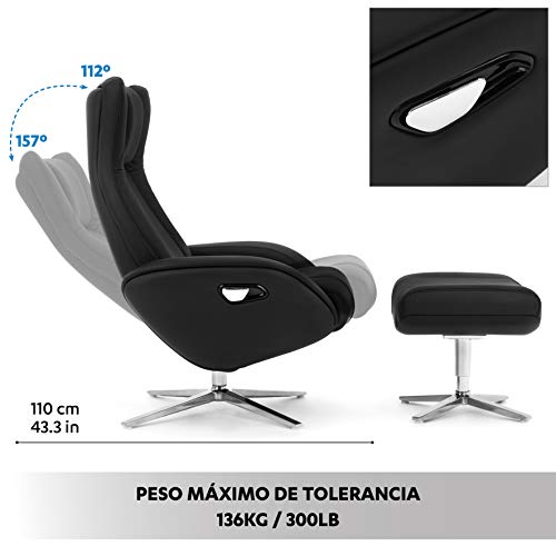 COMIFORT Sillon Relax de Piel con Reposapies Incluido. Modelo Parakeet. Ergonomico con Soporte Lumbar, Funcion Giratoria 360º, reclinable con Autoretorno y Reposacabezas Ajustable, Color Negro