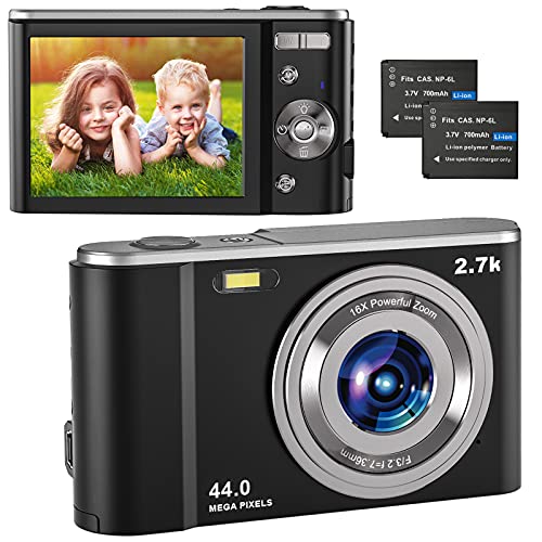 Compactas Cámaras Digitales, 2.7K UHD Camara Compacta, Vlogging 44MP Camara de Video, Camara de Fotos con Pantalla de 2,8" y Zoom 16x y 2 baterías, Camara Digital para niños/Adultos/Mayores (Black)