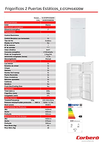 Corberó E-CF2PH14320W Frigorífico 2 Puertas Estático, Dimen. 143 X 55, Capacidad 206L, Tirador Integrado, Puertas Reversibles, 40 dBA, Cajones Crisper, baldas de cristal, Eficiencia Energética F