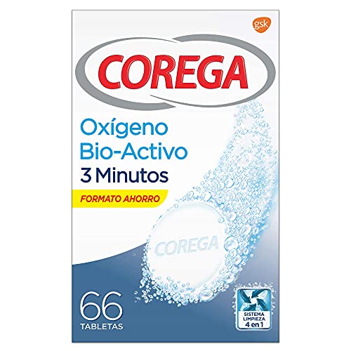 Corega, Oxígeno Bioactivo, Tabletas Limpiadoras para Prótesis Dentales, 3 Minutos, 66 Tabletas