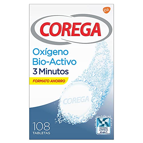 Corega Oxígeno Bioactivo, Tabletas Limpiadoras para Prótesis Dentales, Férula Dental y Ortodoncia, 3 Minutos, 108 Tabletas